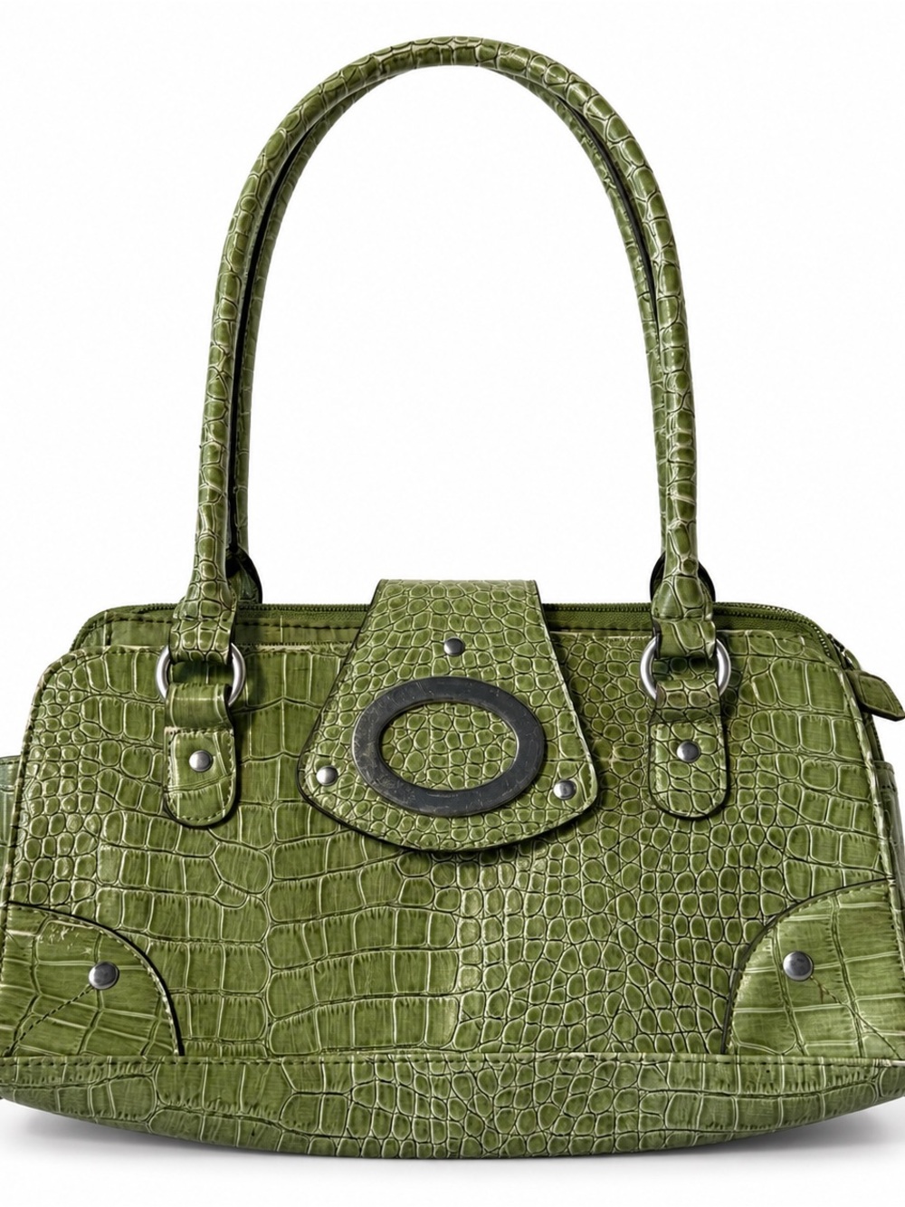 Green Crocodile Pattern Shoulder Bag with Flap Closure - Picture 1 of 7
